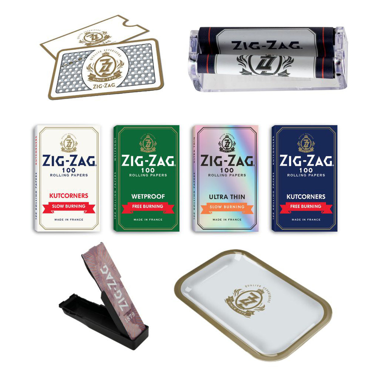 Zig-Zag Single Wide Box Set featuring rolling papers, rolling machine, grinder card, storage case, and rolling tray, ideal for enhancing your rolling experience.