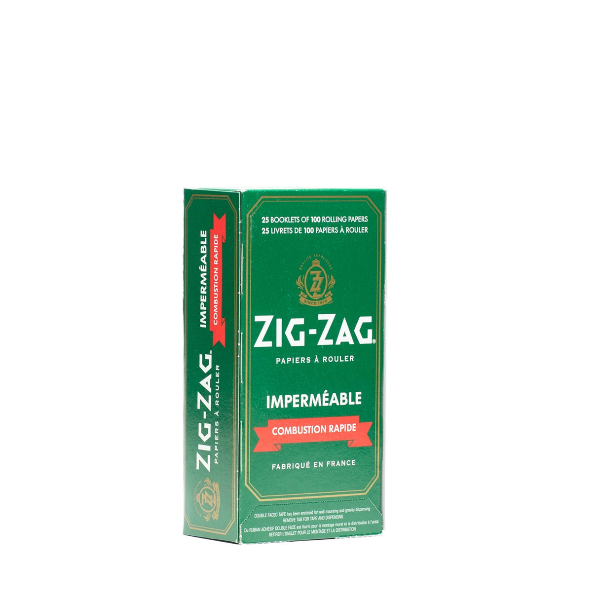 Single Wide Green Rolling Paper package with visible green and white text, featuring the Zig-Zag logo, known for its wetproof, slow-burning paper made from natural flax fibers.