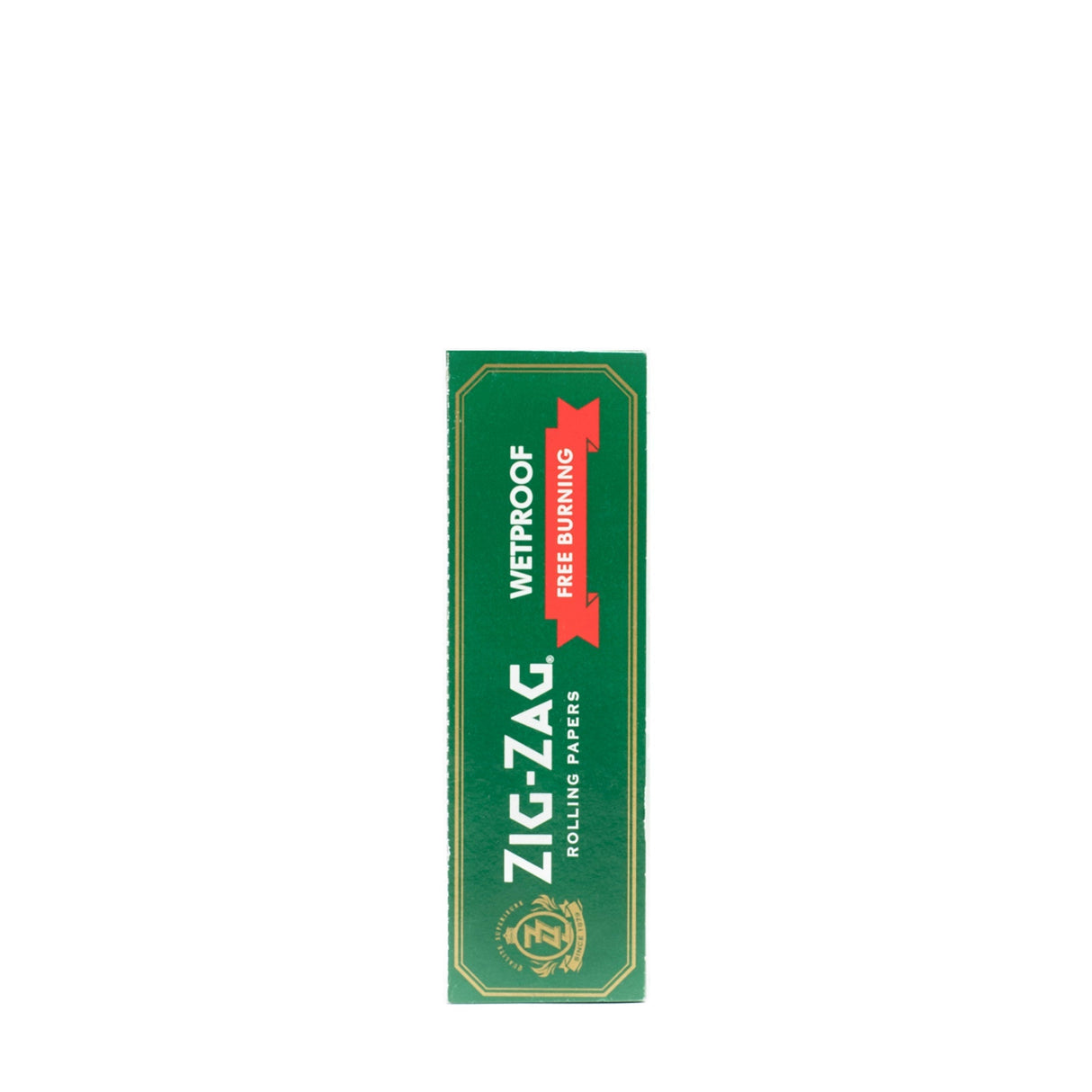 Single Wide Green Rolling Paper box, featuring white text and logo, emphasizes its wetproof, slow-burning qualities with natural flax fibers and gum Arabic.