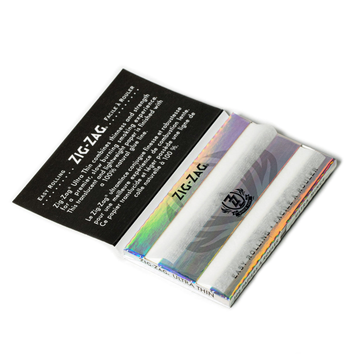 Single Wide Ultra Thin Rolling Paper package, highlighting its ultra-thin, slow-burning design made from natural flax fibers, with 100 papers per booklet.