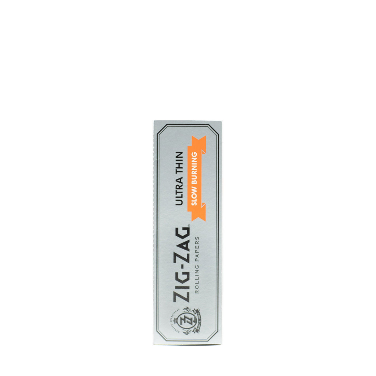 Single Wide Ultra Thin Rolling Paper featuring a white box with black and orange text, emphasizing minimal ash and no paper taste.