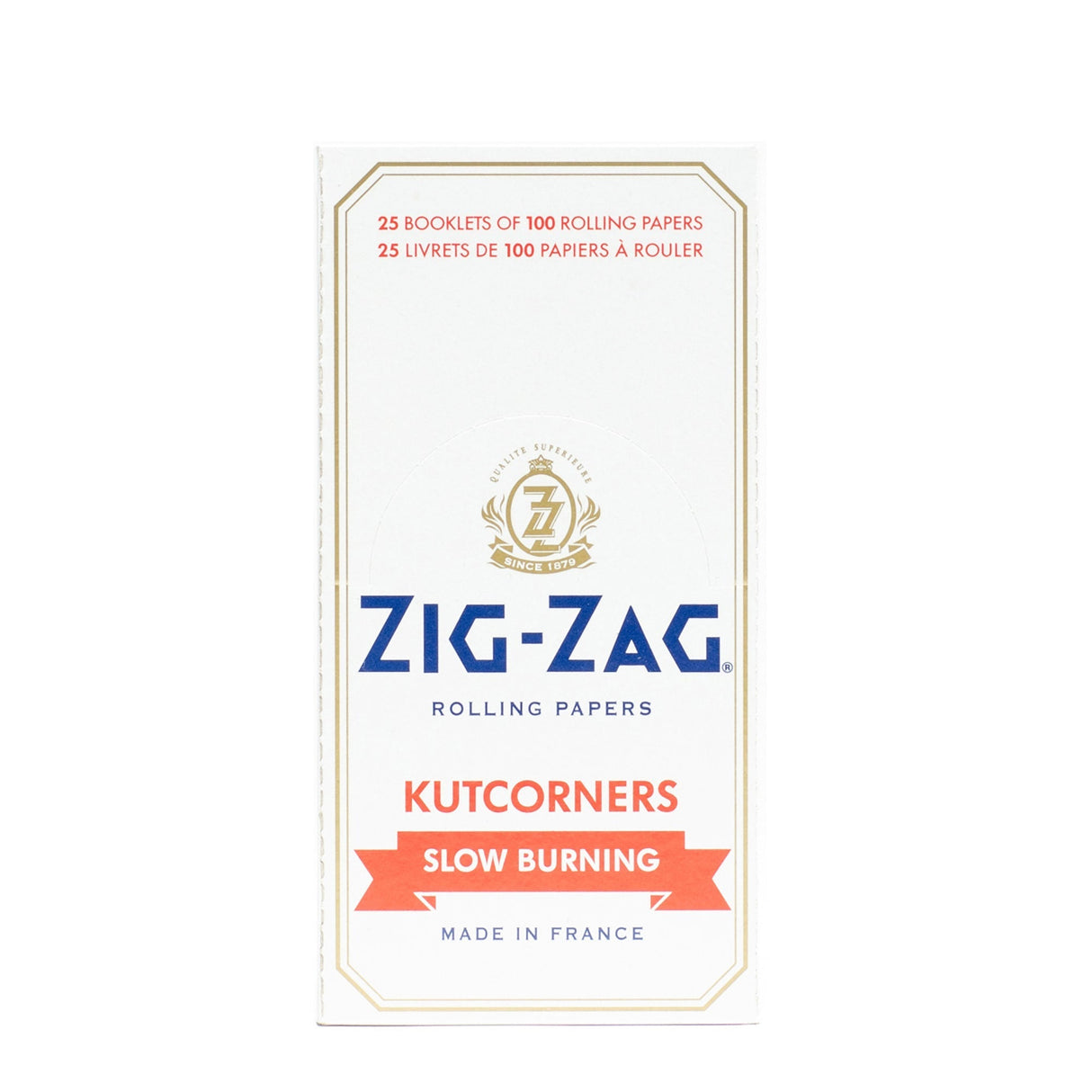 Single Wide White Kutcorners Rolling Paper in a white box, featuring blue and red text with a white and gold logo, highlighting Zig-Zag's iconic design.