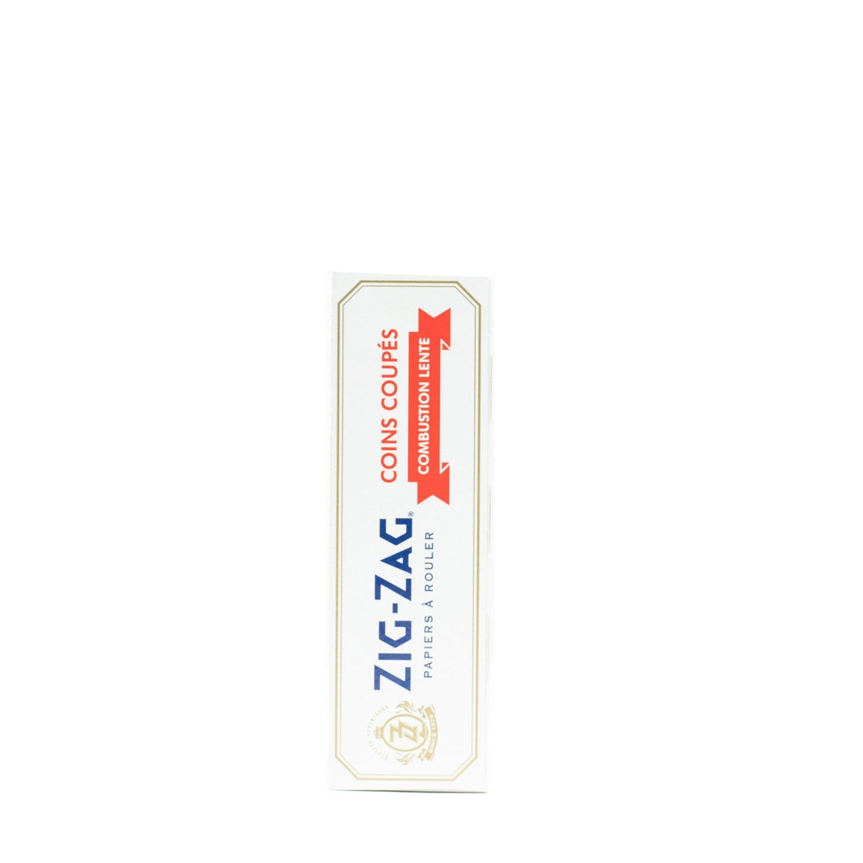 Single Wide White Kutcorners Rolling Paper in a white box with red and blue text, highlighting its thin, slow-burning quality and natural gum Arabic seal.