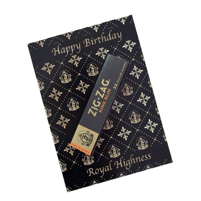 Zig-Zag x Kush Kards - Happy Birthday Your Royal Highness greeting card featuring a cigarette box design, perfect for cannabis enthusiasts, includes Zig-Zag rolling paper.