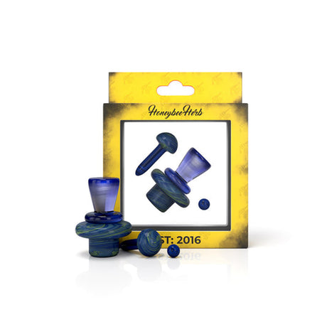 Crystal Terp Slurper Set - Blue box with blue objects, including a cap, mushroom, and pearl, enhancing dabbing efficiency and style.