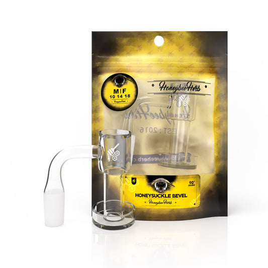 Male Honeysuckle Bevel, 90-degree, 14 mm, Yellow: Clear glass banger with vortex airflow design, slurper-style, beveled edge, and frosted joint for optimal concentrate vaporization.