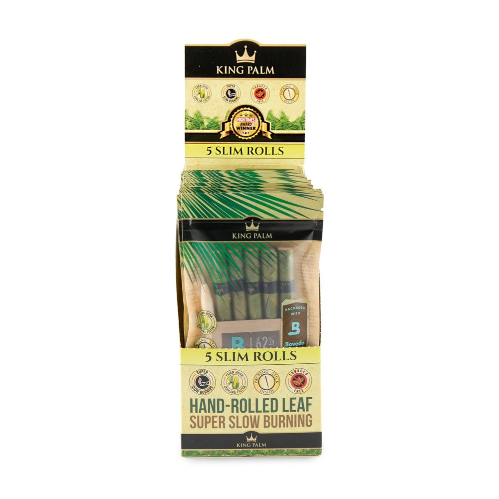 Slim Pre-Rolled Cones (5 pack) - Carton of 15, featuring tobacco-free palm leaf wraps, cornhusk filter tips, and a humidity package, ideal for extended smoking enjoyment.