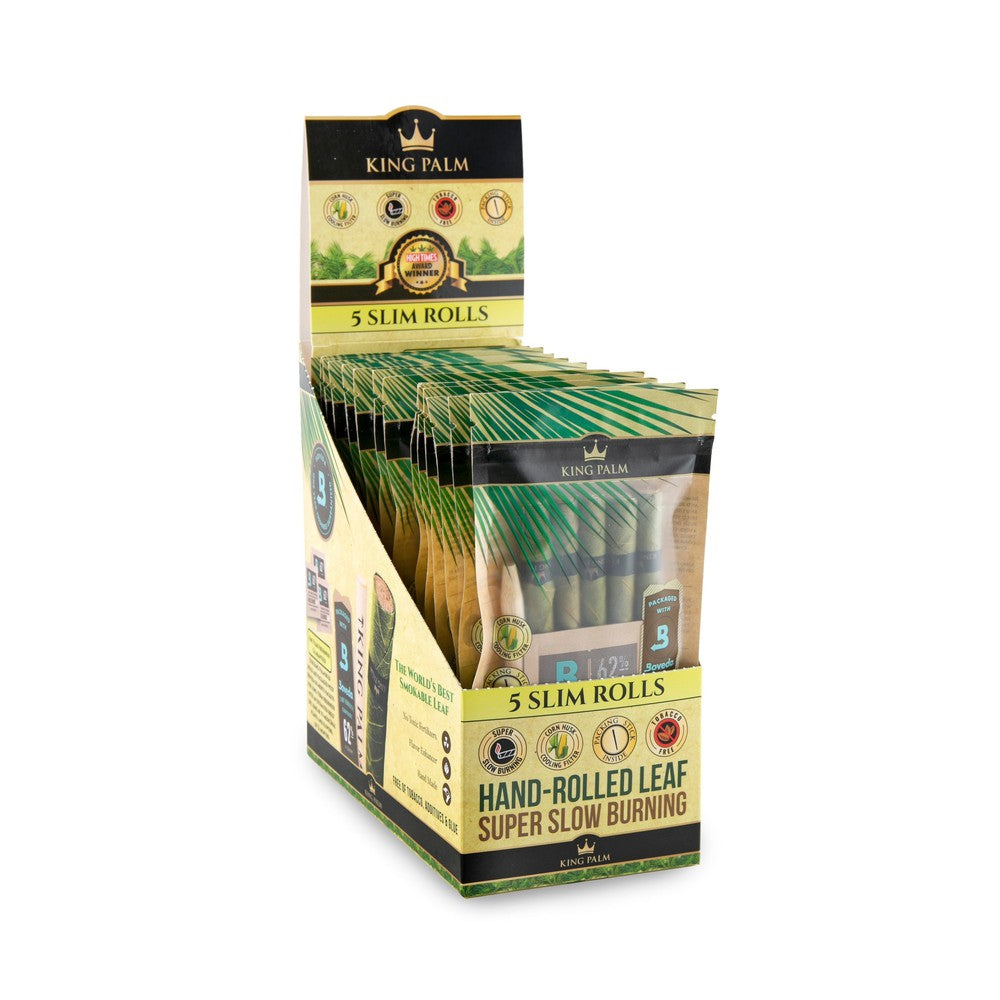 Slim Pre-Rolled Cones (5 pack) - Carton of 15 displayed in a box, highlighting tobacco-free natural wraps, cornhusk filter tips, and a bamboo stick.