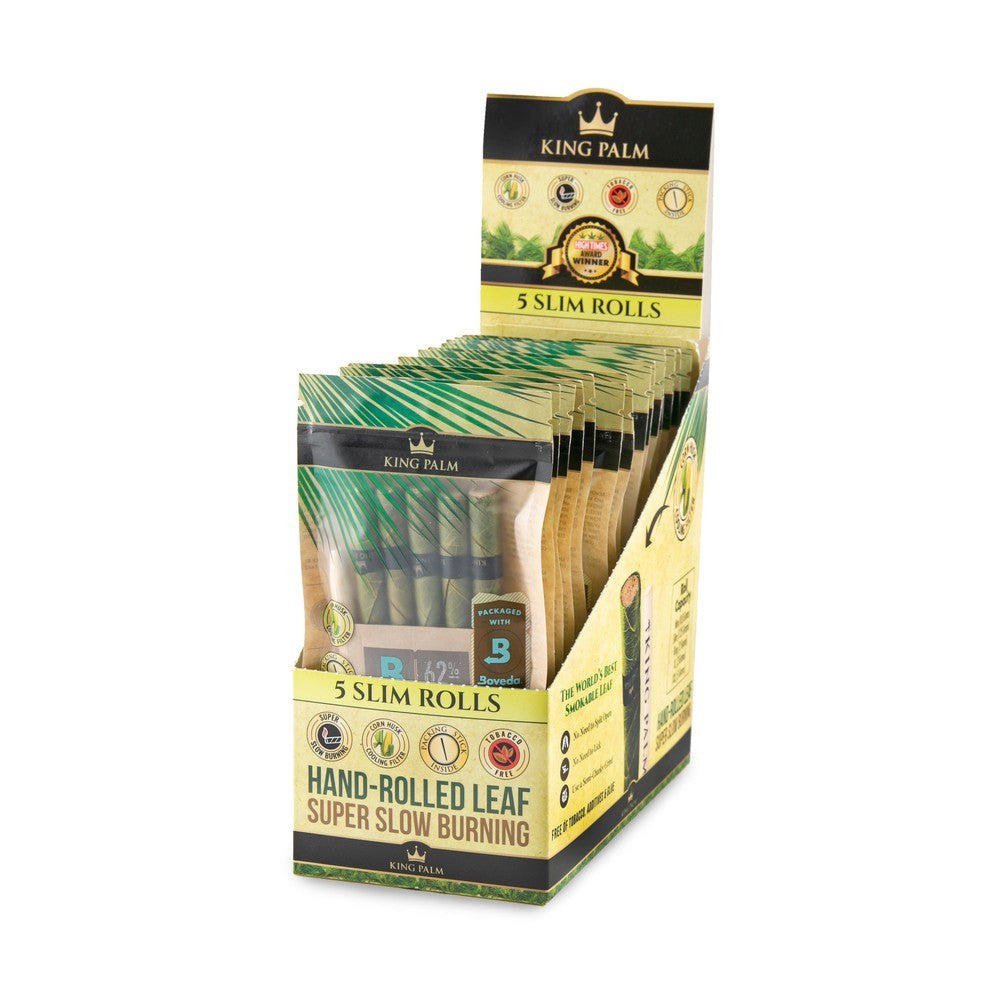 Slim Pre-Rolled Cones (5 pack) - Carton of 15 displayed in packaging, featuring five tobacco-free natural slim wraps with cornhusk filter tips and a bamboo stick.