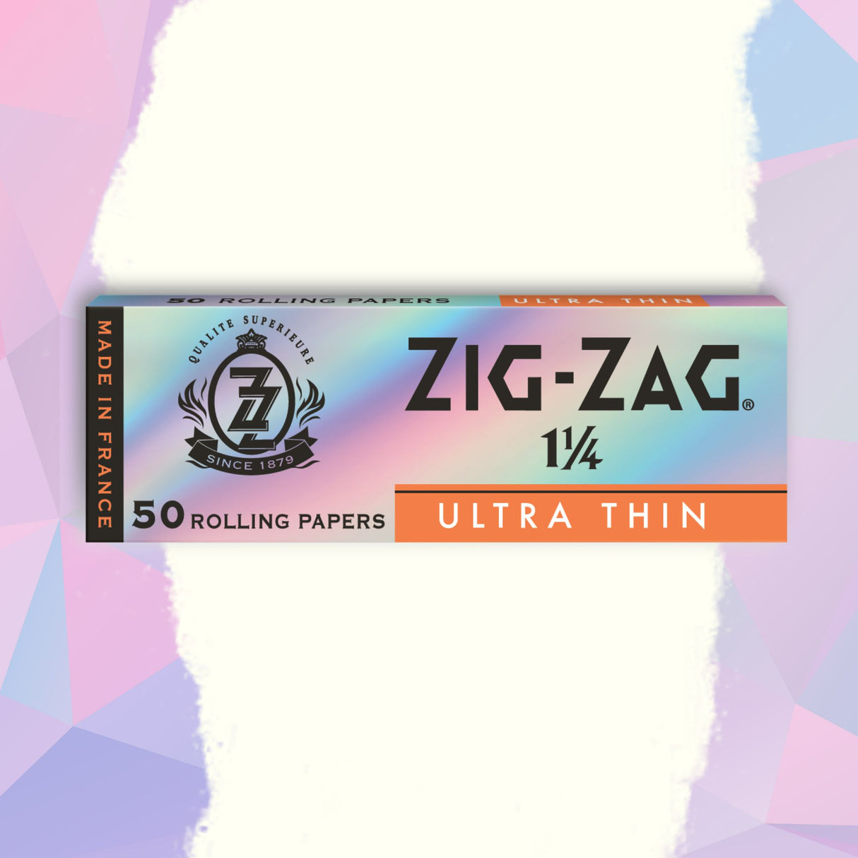 Zig-Zag 1 1/4 Ultra Thin Rolling Paper box featuring logo, designed for a slow, even burn, enhancing the smoking experience with durability and thinness.