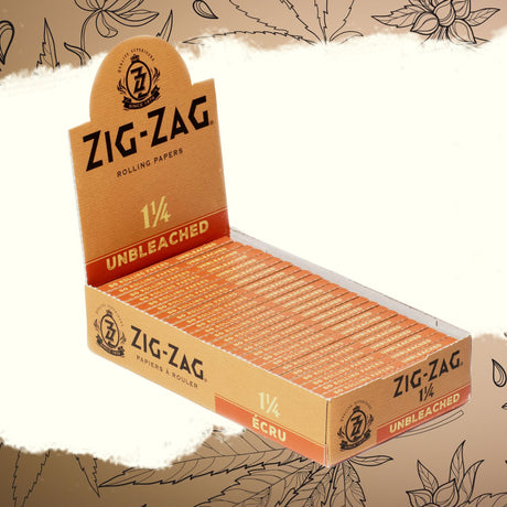 1 1/4 Unbleached Rolling Paper, Zig-Zag box, showcasing natural, ultra-thin papers for smooth, slow-burning, premium smoking experience.