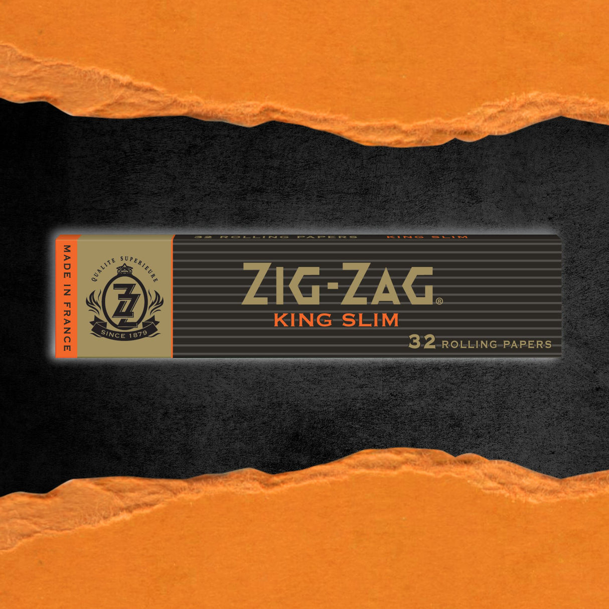 Zig-Zag® King Slim Rolling Papers, shown in a close-up cigarette box, emphasize premium quality and size for an unmatched smoking experience.