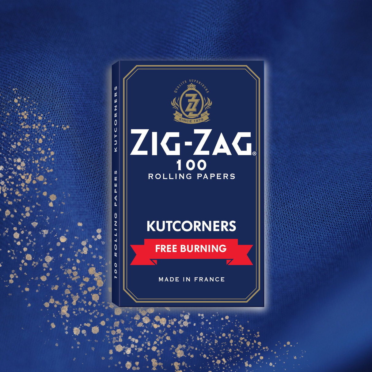 Single Wide Blue Rolling Paper featuring white text and a blue and gold logo, designed for effortless rolling and faster burn with kutcorner design.