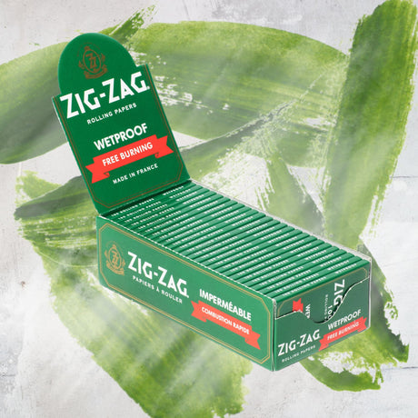 Single Wide Green Rolling Paper, featuring a durable, moisture-resistant design for a smooth smoking experience, with visible Zig-Zag branding and packaging details.