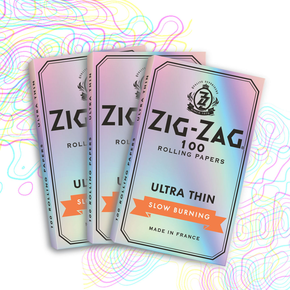 Single Wide Ultra Thin Rolling Paper, stack of booklets, highlighting Zig-Zag's logo, designed for a cleaner burn with minimal ash, crafted from natural flax fibers.